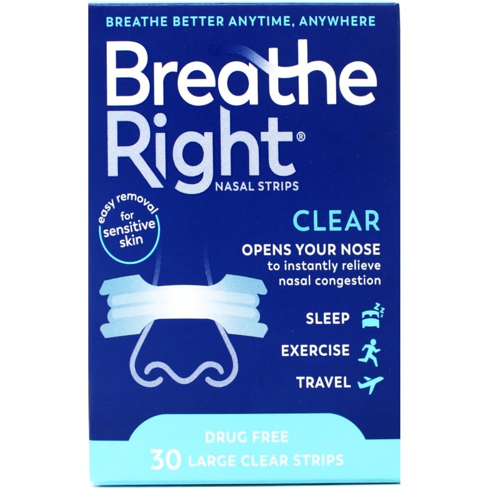 Breathe Right Nasal Strips Clear for Sensitive Skin Large 30 count front packaging