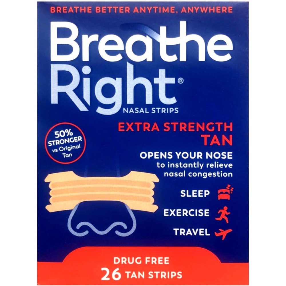 Breathe Right Extra Strength Tan Nasal Strips 78 Count pack front view for snoring relief.