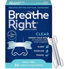 Breathe Right Nasal Strips Clear Large 30 Count front packaging view for nasal congestion relief.
