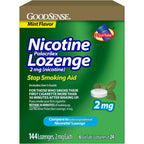 GoodSense Nicotine Polacrilex Lozenge Two Milligram front packaging displaying mint flavor smoking cessation aid details.