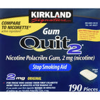 Kirkland Signature Quit Smoking Gum 2 mg 380 Count front packaging with nicotine polacrilex label.
