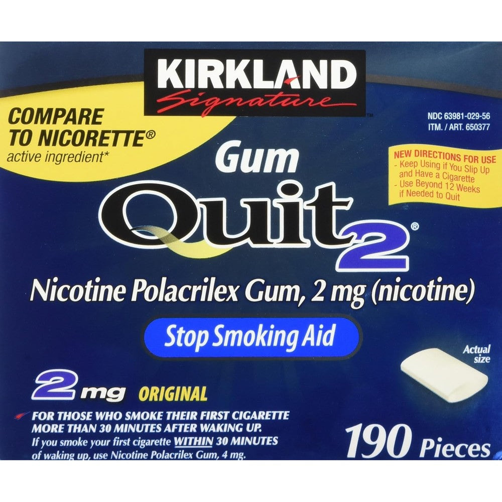 Kirkland Signature Quit Smoking Gum 2 mg 380 Count front packaging with nicotine polacrilex label.