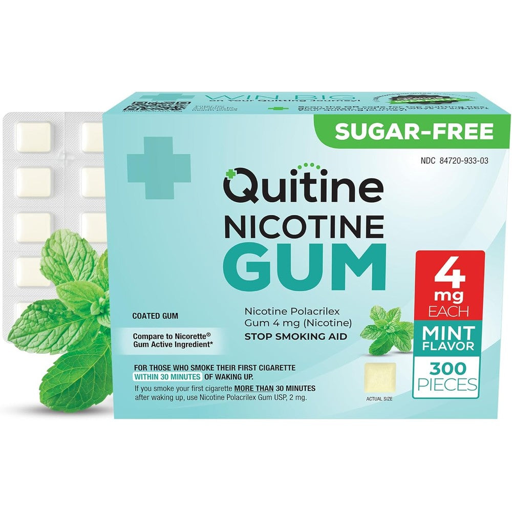 Quitine Nicotine Gum 4mg Classic Mint front view packaging of the three hundred count stop smoking aid box