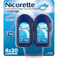 Nicorette 2 mg Coated Nicotine Lozenges front view of 80 count pack for smoking cessation.