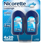Nicorette 2 mg Coated Nicotine Lozenges front view of 80 count pack for smoking cessation.