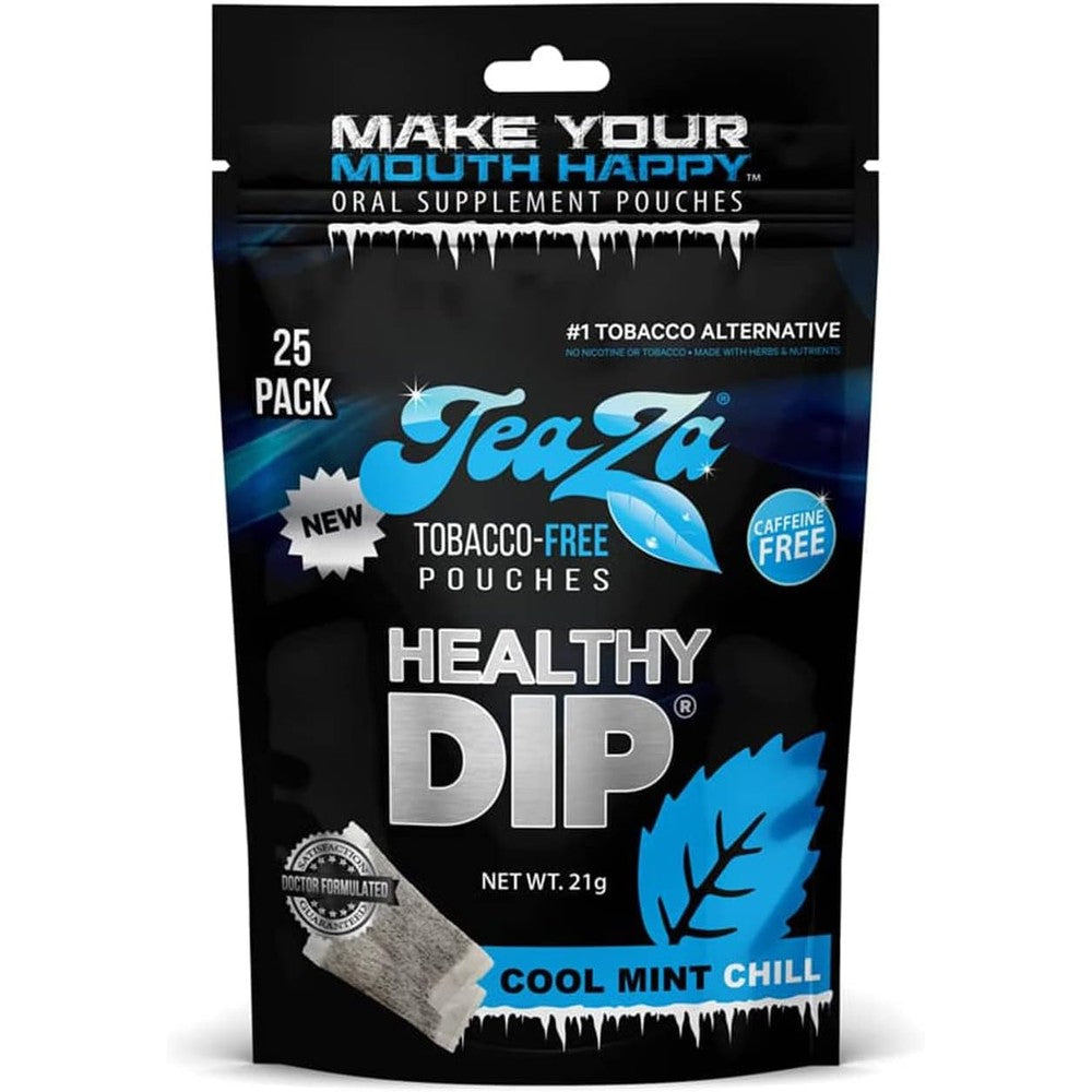 TeaZa Herbal Energy Pouches Cool Mint Chill front packaging showing 25 count tobacco free dip