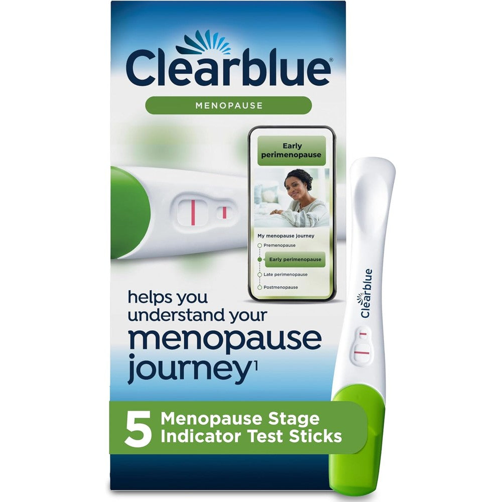 Clearblue Menopause Stage Indicator front packaging showing five test sticks count