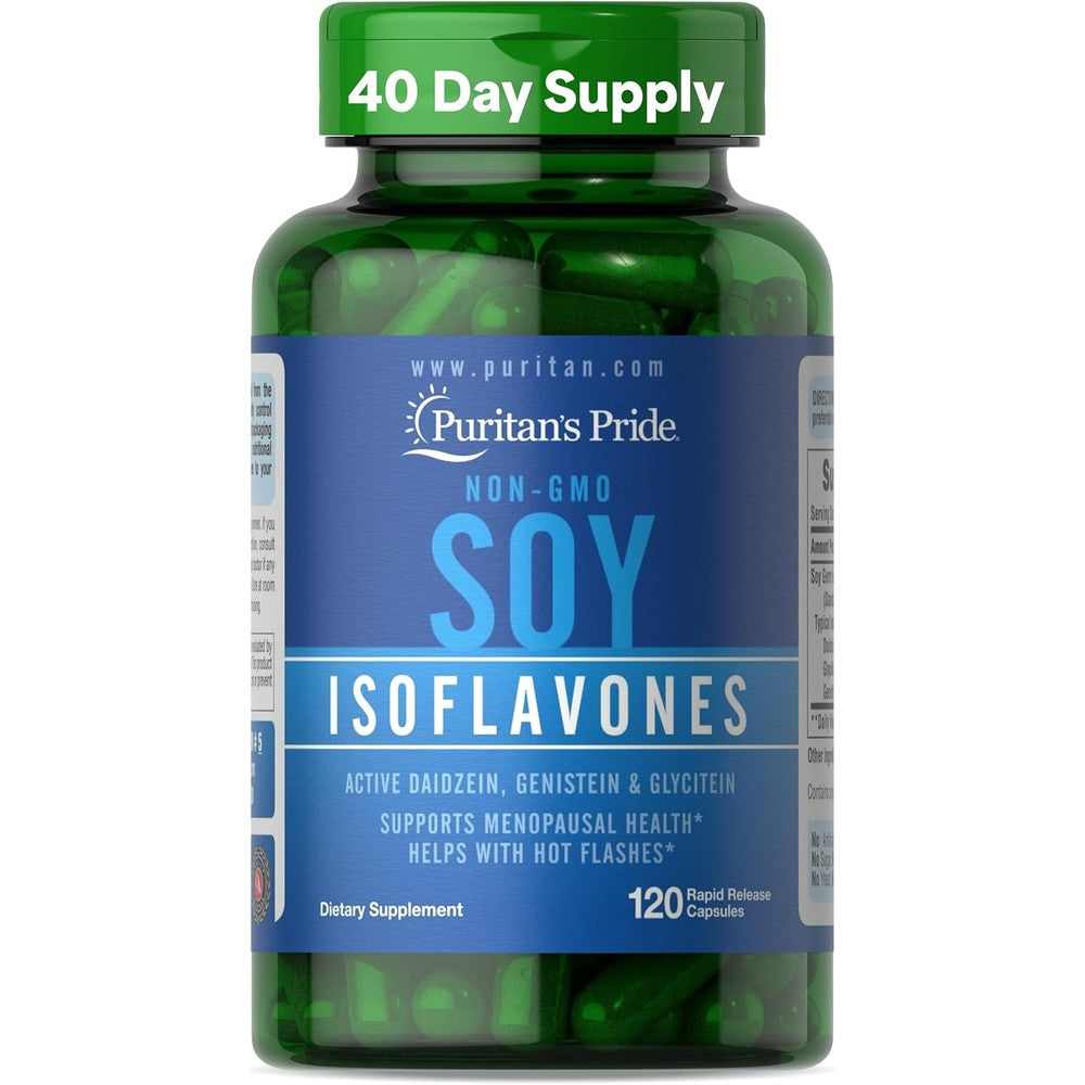 Puritan's Pride Non-GMO Soy Isoflavones 750mg 120 Capsules front bottle view for menopause support.