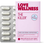 Love Wellness The Killer Boric Acid Vaginal Suppositories front packaging view for feminine health.