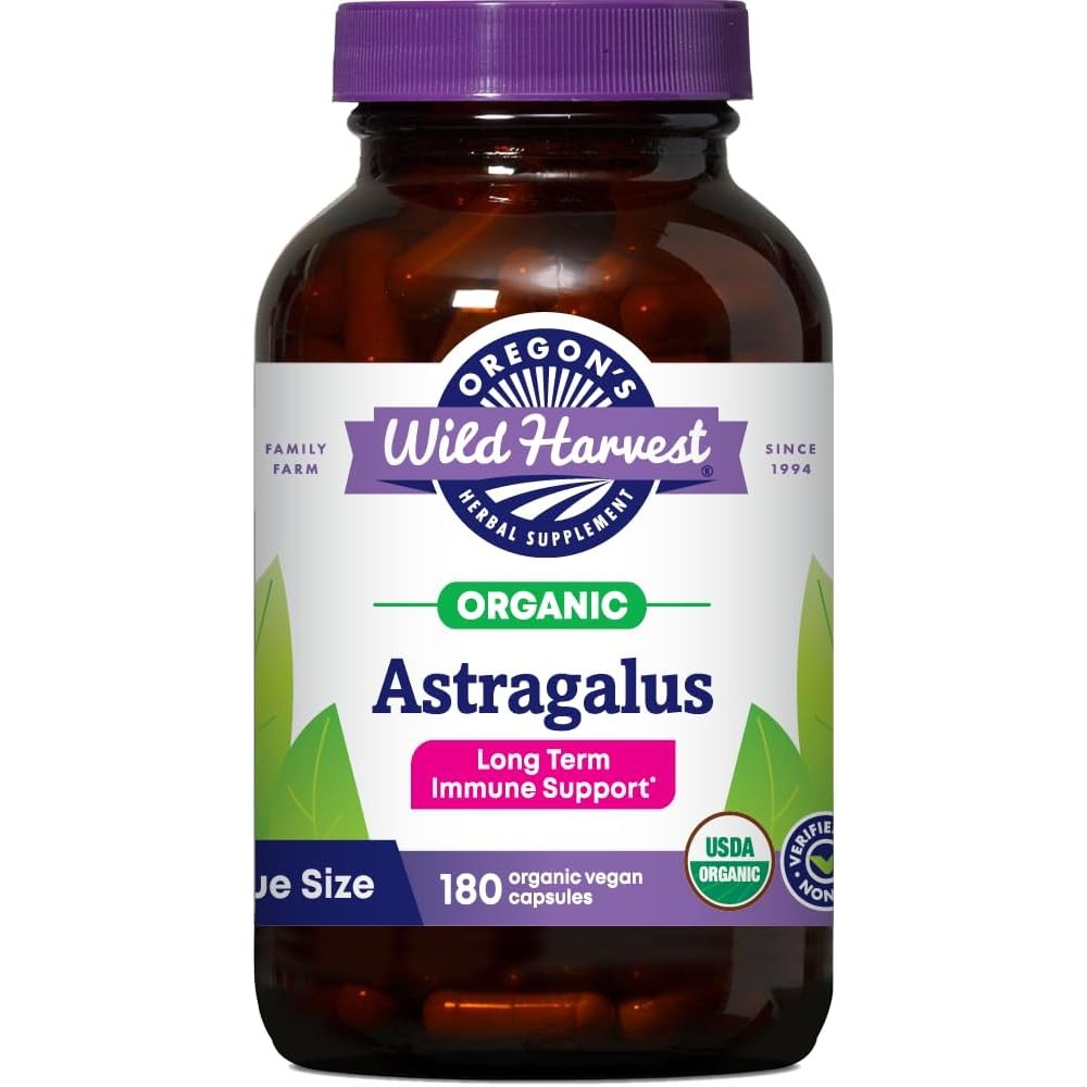 Oregons Wild Harvest Organic Astragalus 180 capsules front view bottle for natural immune support