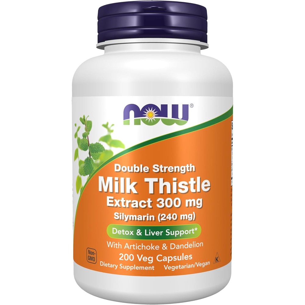NOW Foods Double Strength Silymarin Milk Thistle Extract 300 mg front view bottle for liver health support