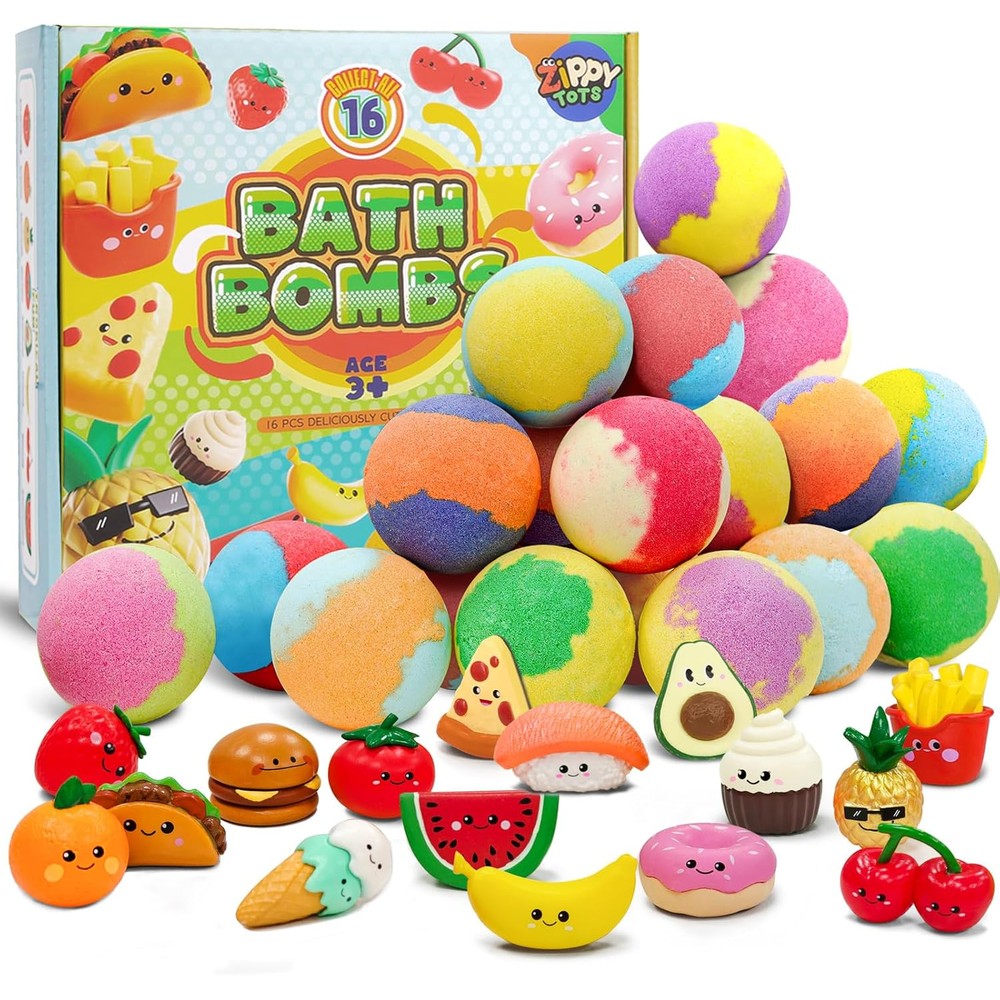 Zippytots kids bath bombs 16 pack box front view displaying colorful surprise packaging.