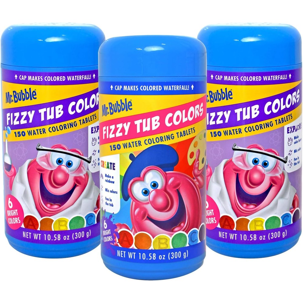 Mr. Bubble Fizzy Tub Colors front view of three jars on display