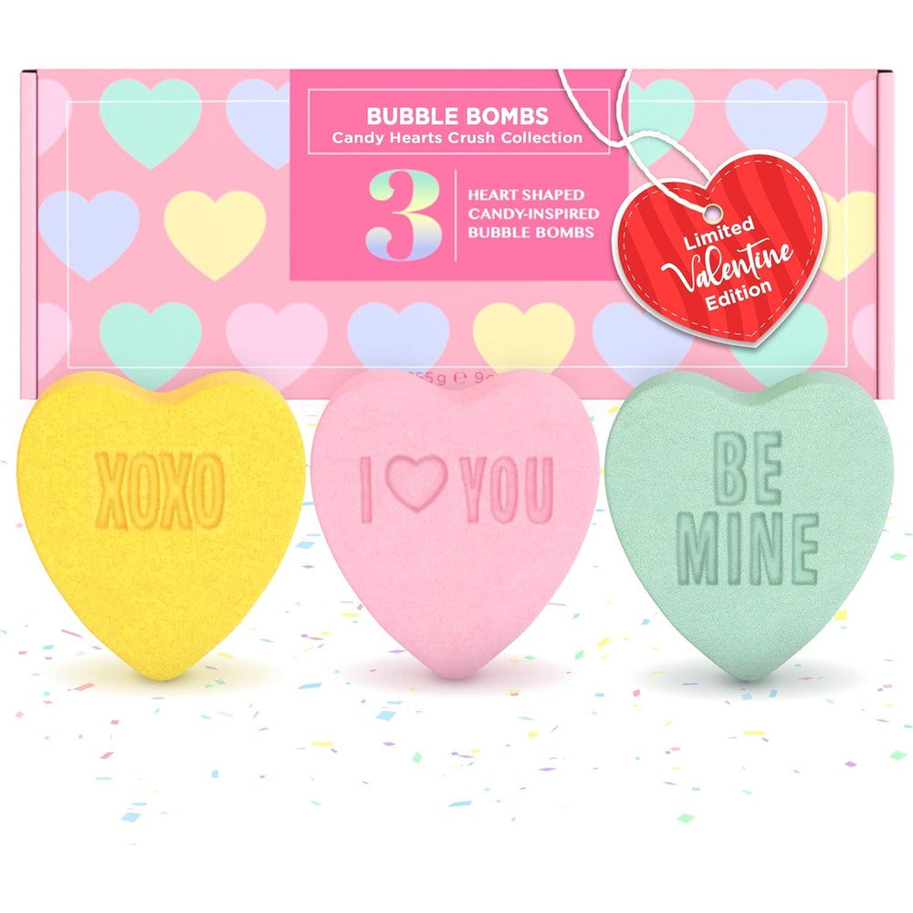 Two Sisters Candy Hearts Crush Bath Bombs front view of the 3-pack gift set box.