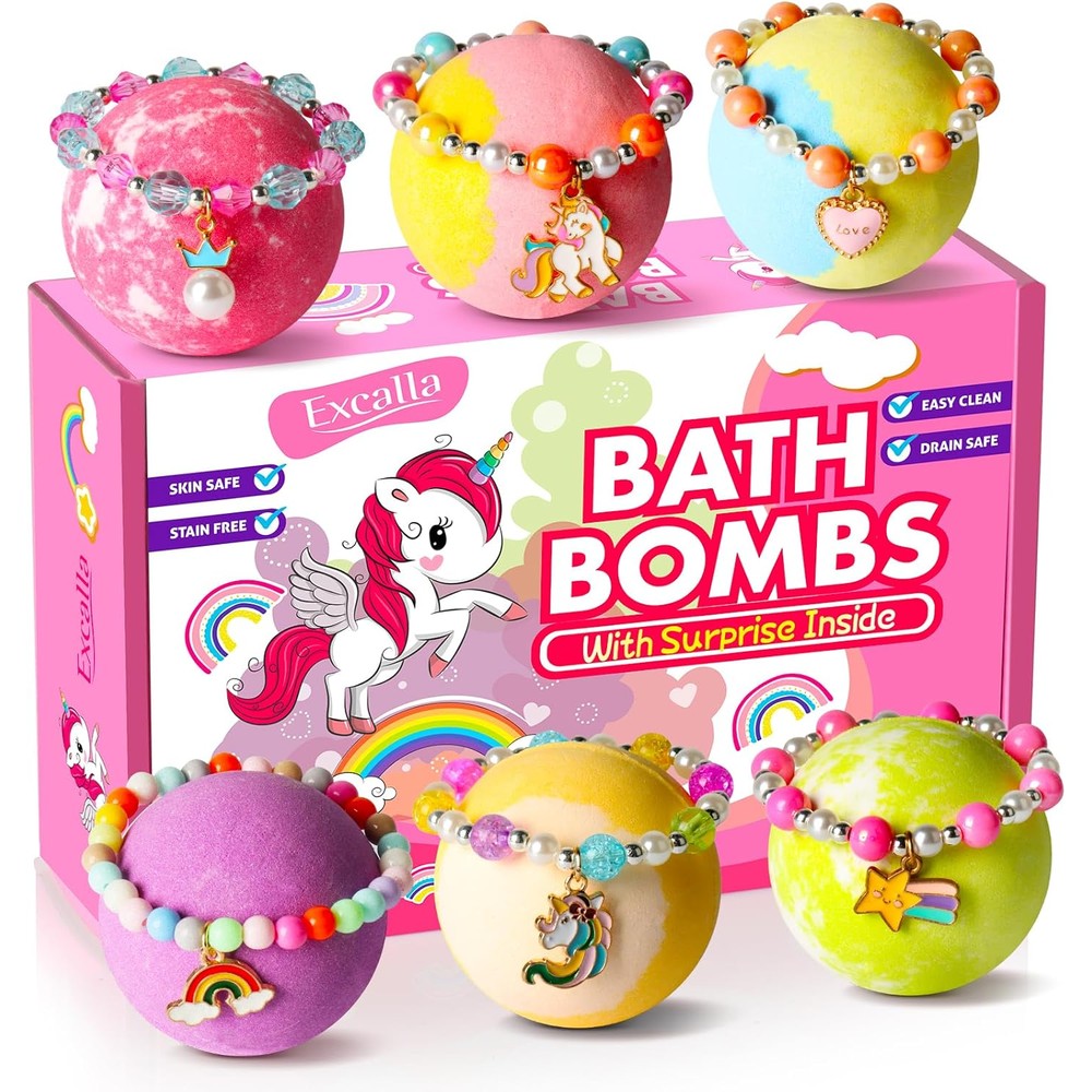Excalla unicorn bath bombs gift box front view showing vibrant packaging.
