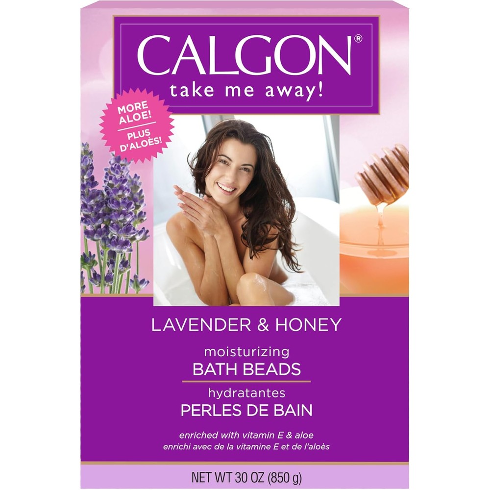 Calgon Ultra Moisturizing Bath Beads Lavender and Honey thirty ounce front packaging view
