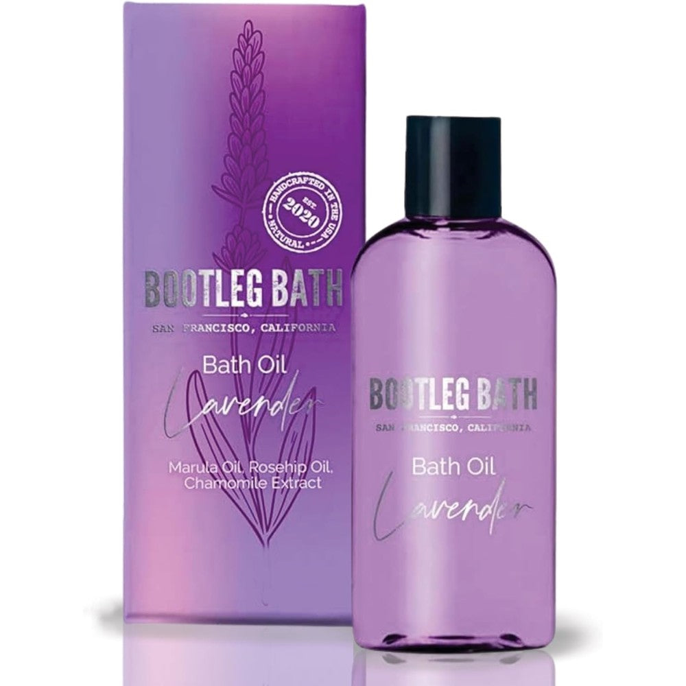 Bootleg Bath Lavender Bath Oil front view bottle for premium aromatherapy soaking