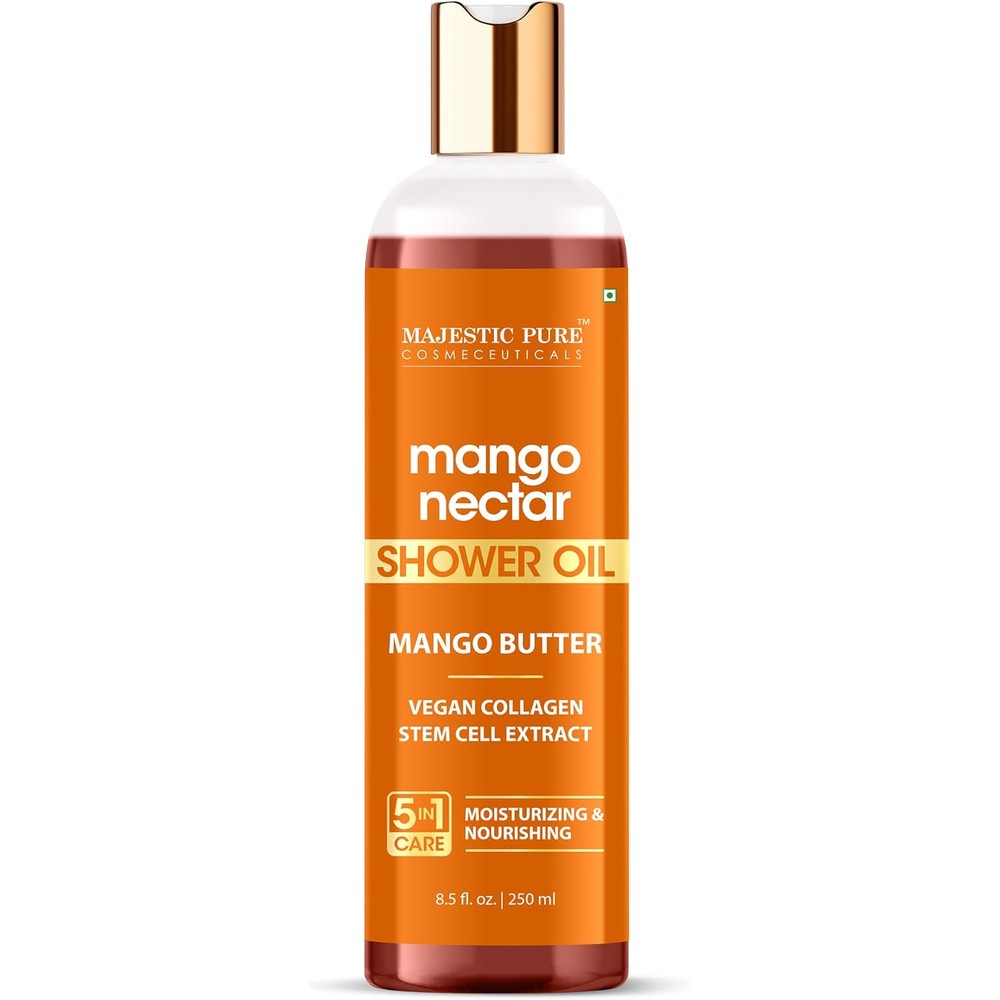 Majestic Pure Mango Nectar Shower Oil front view packaging for deep skin hydration.