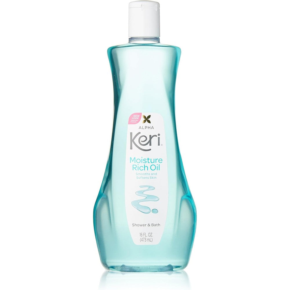Keri Alpha Shower And Bath Moisture Rich Oil front view bottle for dry skin hydration
