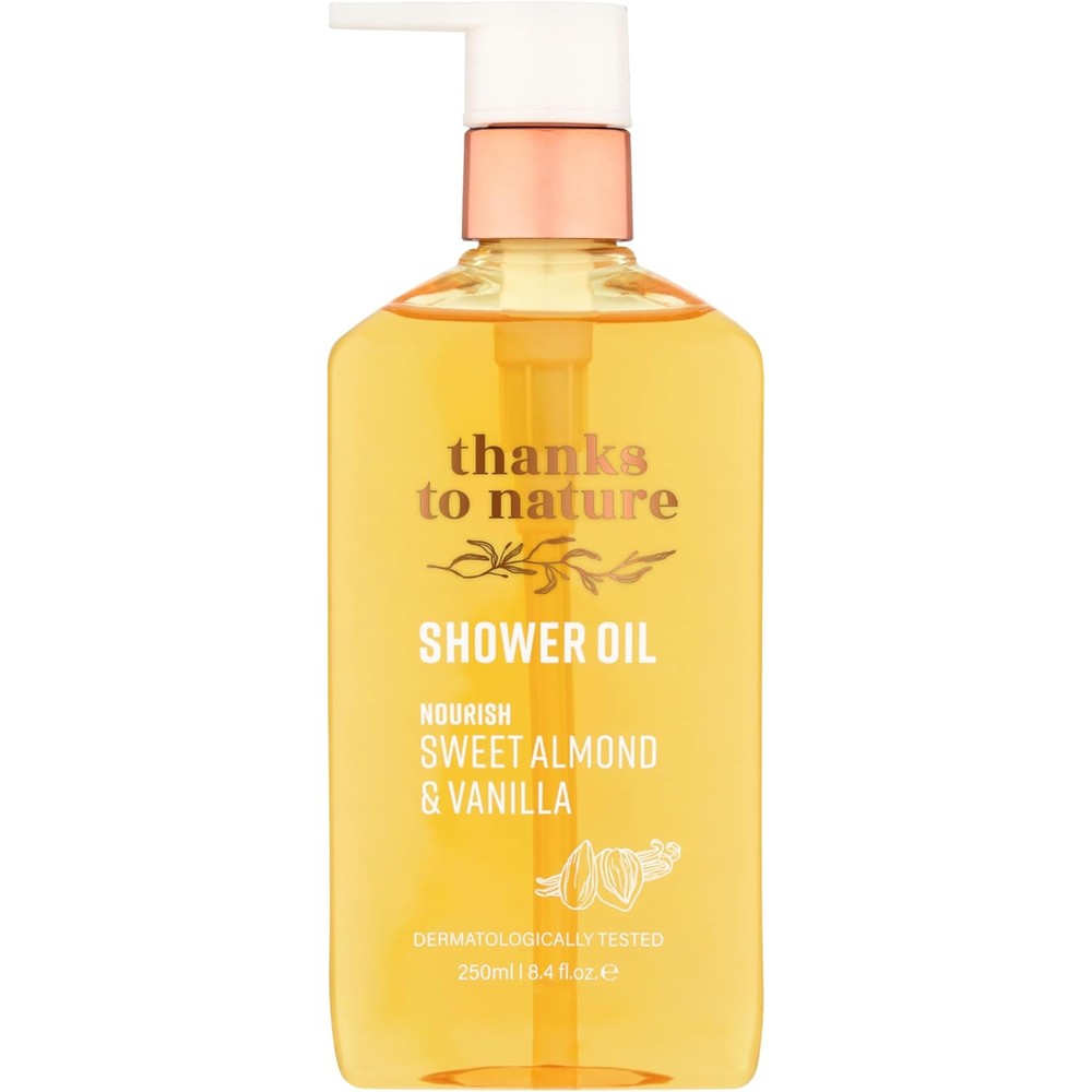 Thanks to Nature Nourish Sweet Almond and Vanilla Shower Oil front view bottle