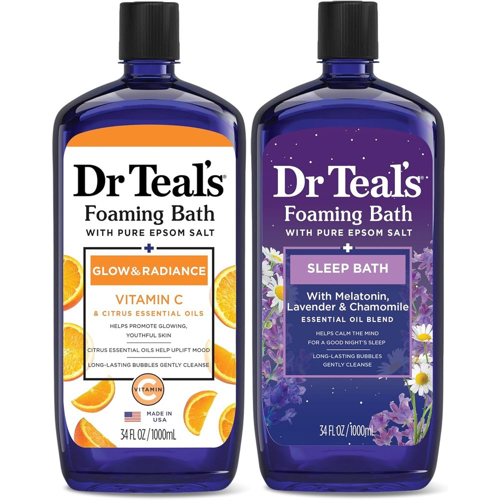 Dr Teal's Foaming Bath Pure Epsom Salt pack of two front view bubble bath bottle
