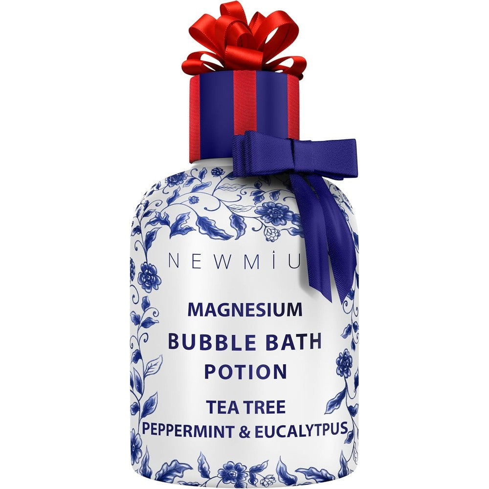 New Miuz Magnesium Bubble Bath front view bottle showing blue and white botanical design