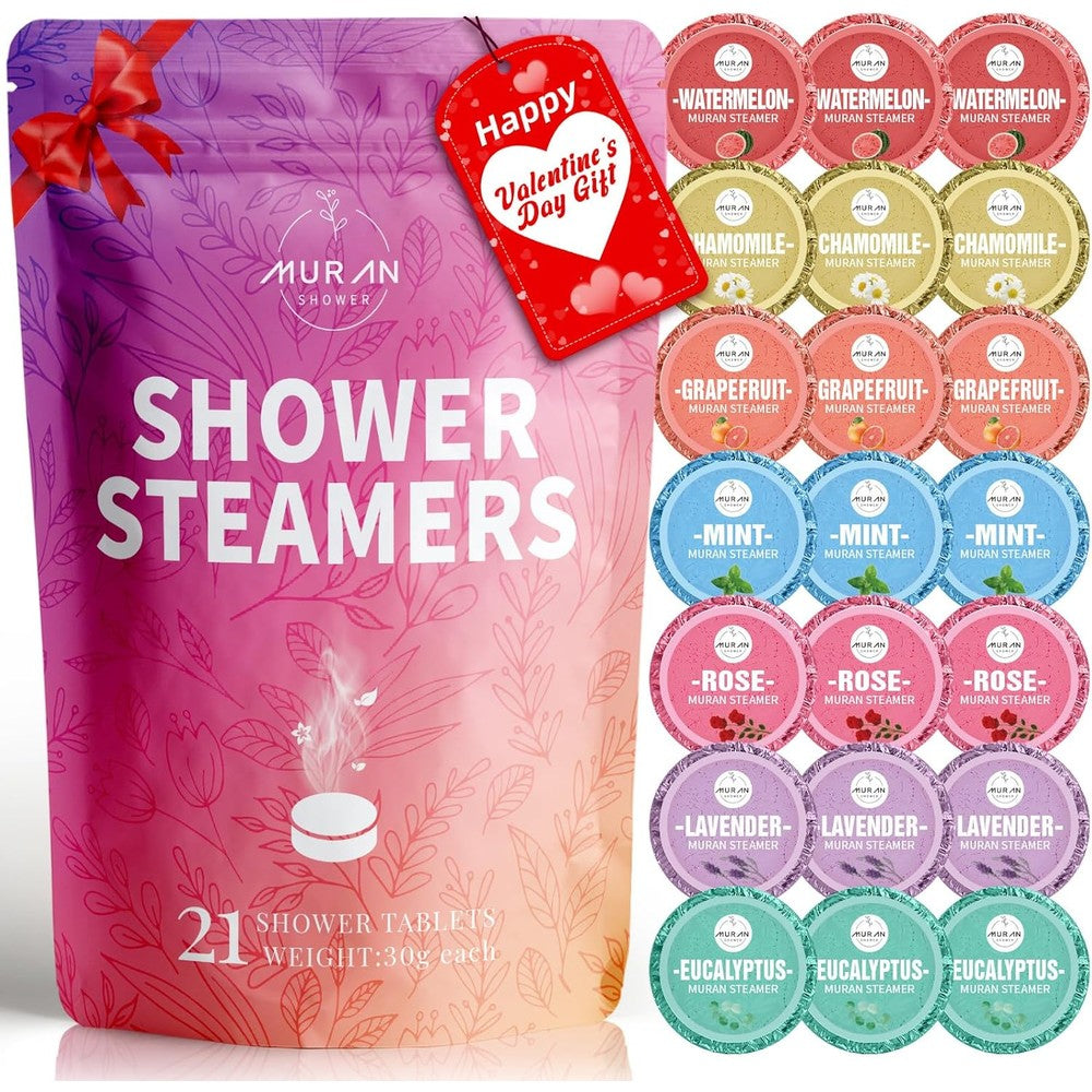 Muran Shower Aromatherapy Steamers 21-pack front view showcasing luxury gift packaging
