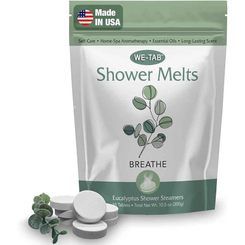 We-Tab Eucalyptus Shower Steamers 10 Pack front view packaging showcasing natural aromatherapy benefits.