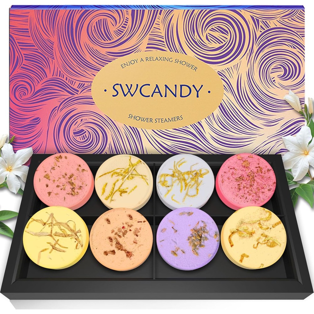 SWCANDY shower steamers aromatherapy 8 pack front view showing premium gift packaging