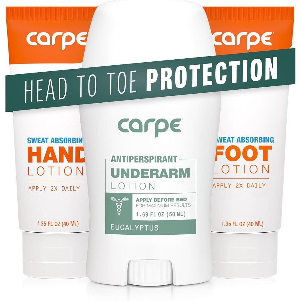 Carpe sweat absorbing underarm hand and foot lotion bundle front view