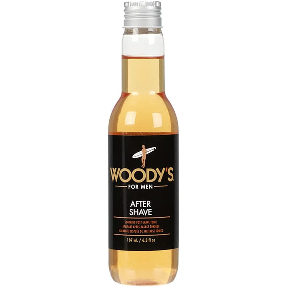 Woody's Aftershave For Men Tonic front view bottle for premium post shave skin soothing.