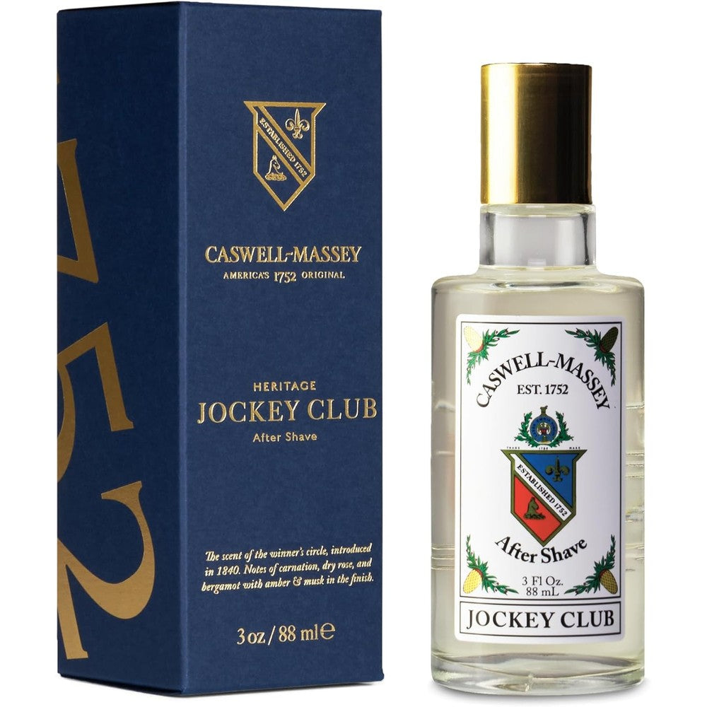 Caswell-Massey Jockey Club Aftershave bottle front view showing the signature gold cap.