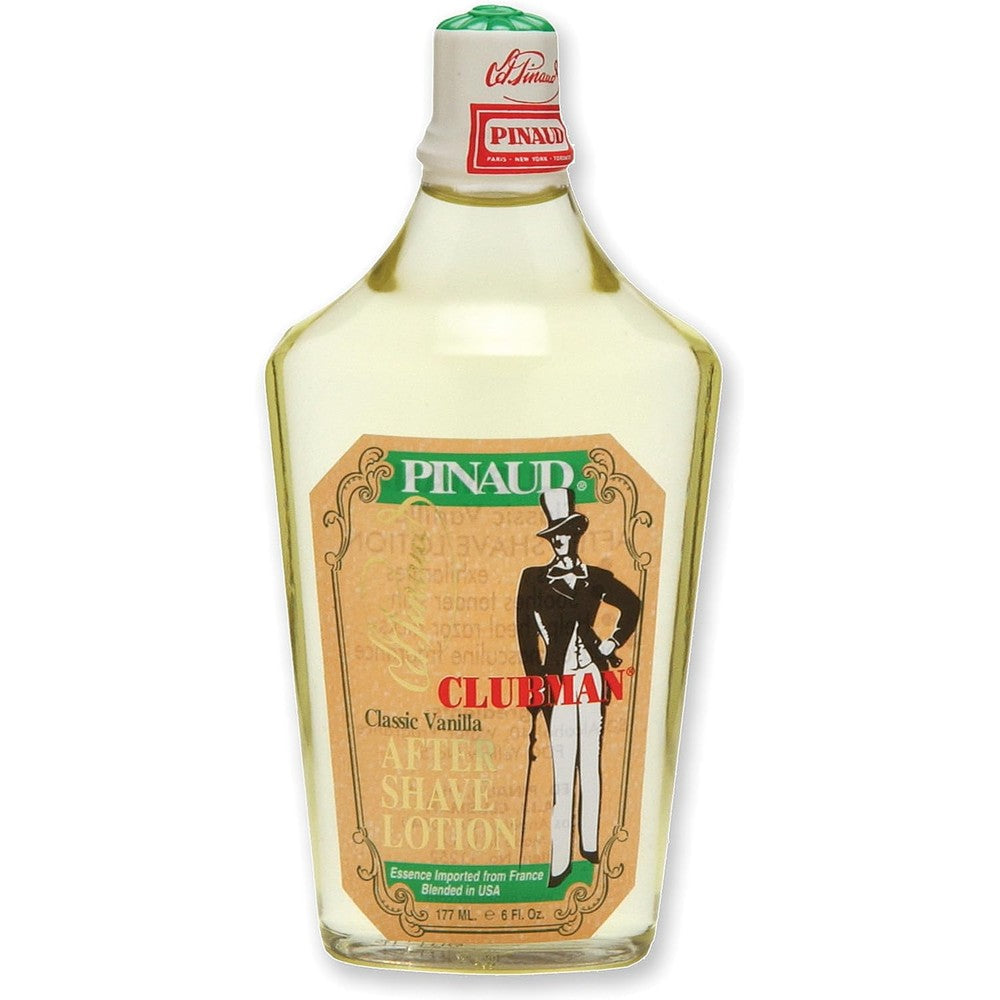 Clubman Pinaud Classic Vanilla After Shave Lotion 6 Fluid Ounce bottle front view showcasing authentic packaging.