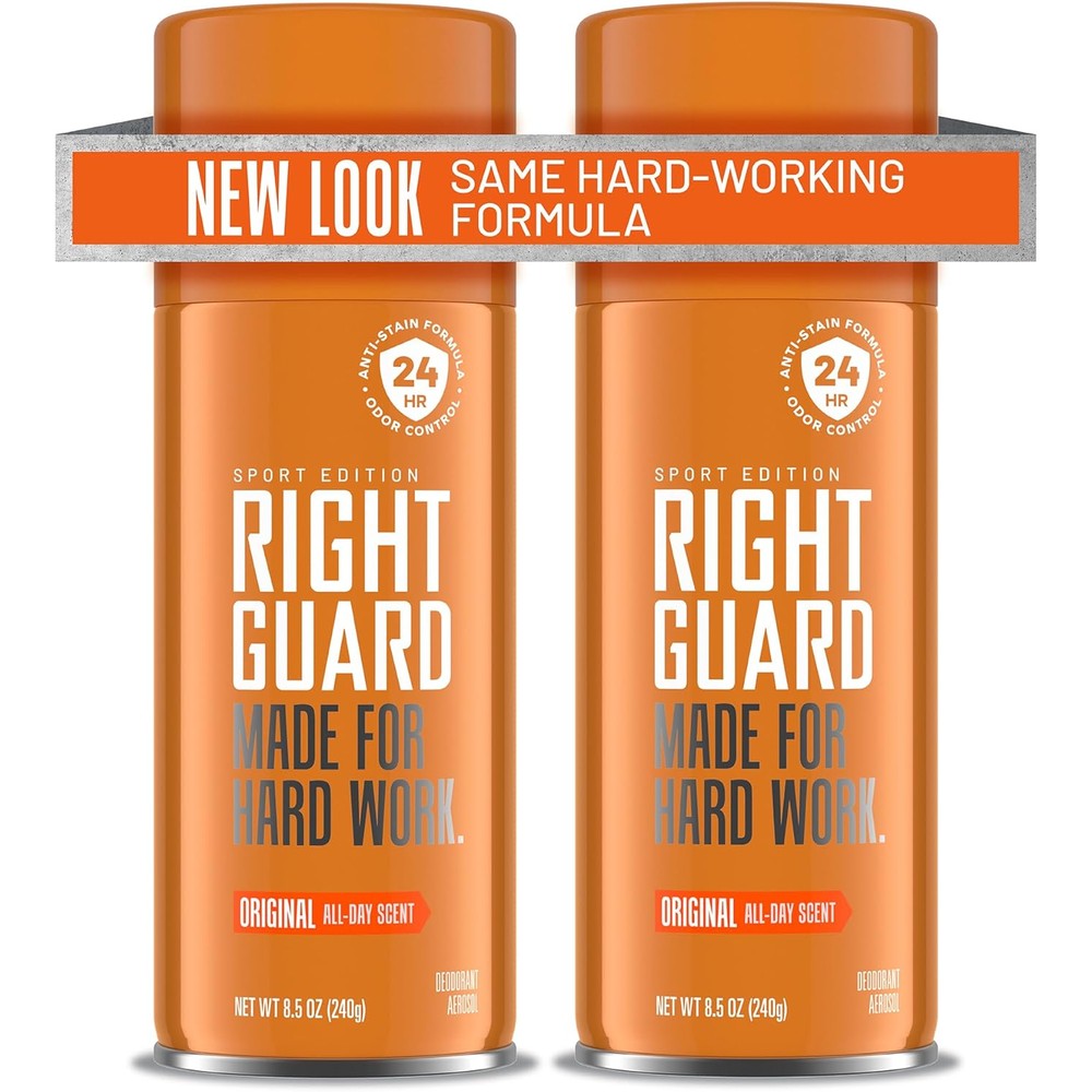 Right Guard Sport Original Deodorant Spray twin pack front view showing the signature aerosol cans