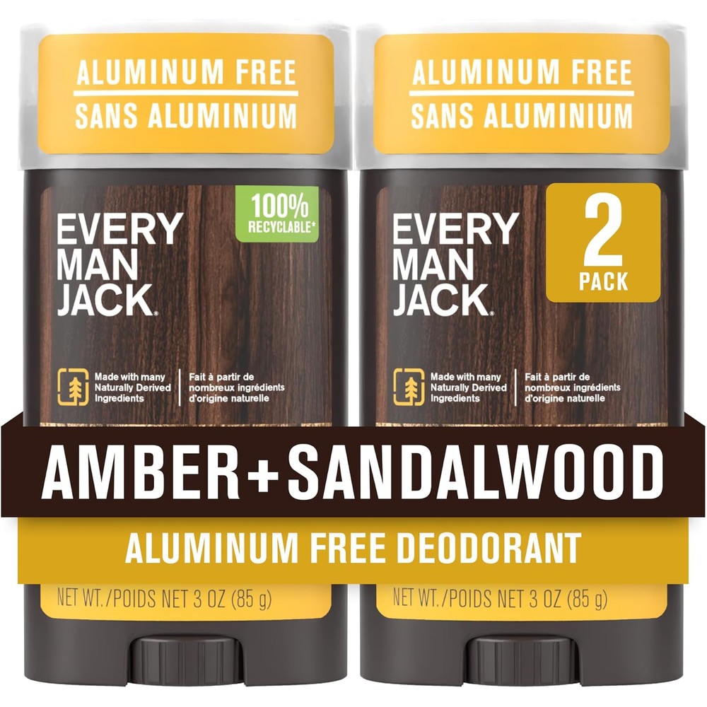 Every Man Jack Amber And Sandalwood Aluminum Free Deodorant front view showing the twin pack packaging.