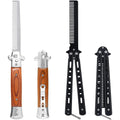 Canumer automatic switch folding practice combs front view showing wood grain pattern