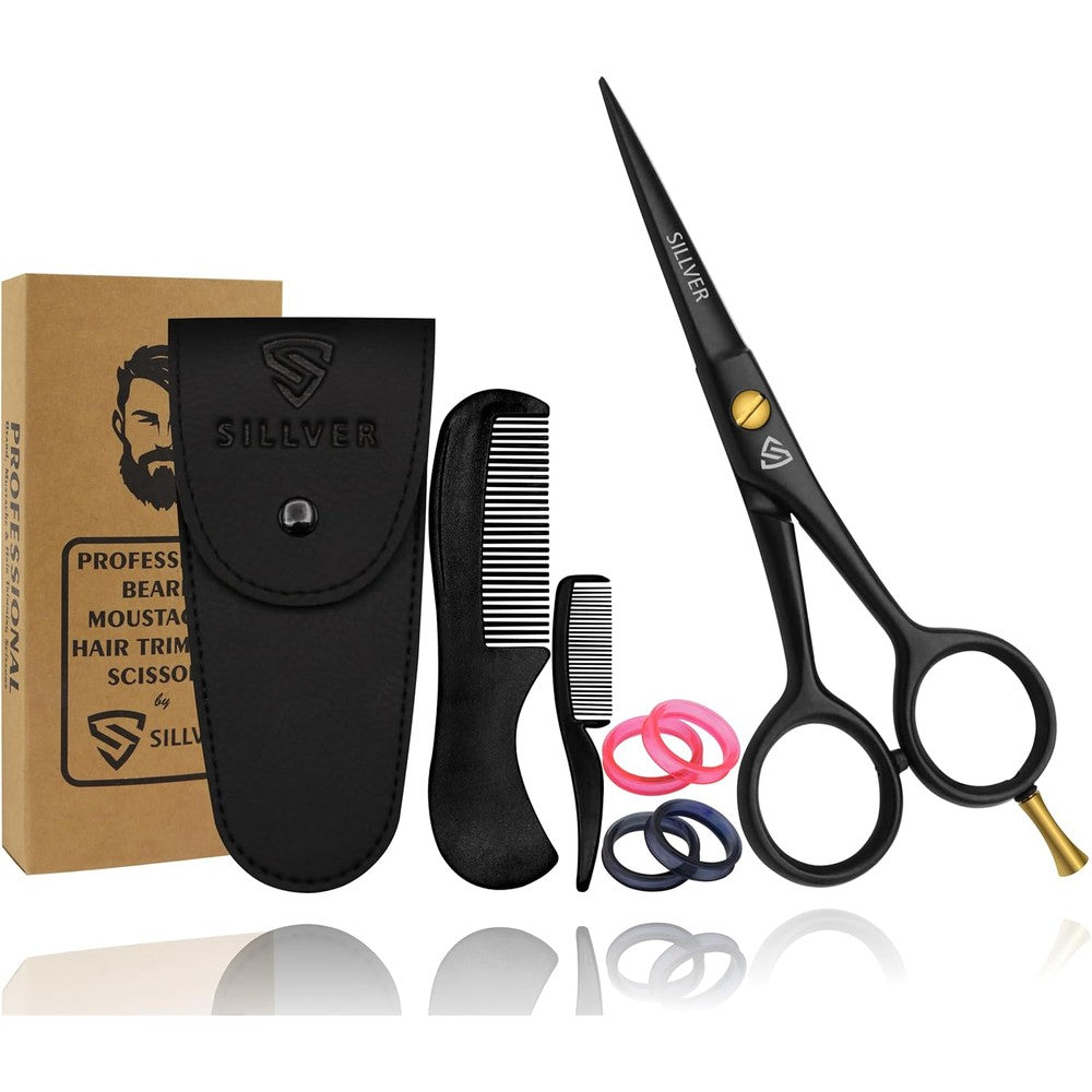 SILLVER professional mustache scissors set front view with combs and leather pouch