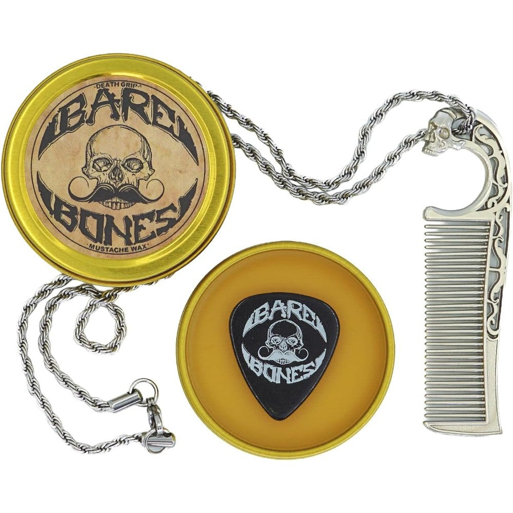 The Vintage Grooming Co. Bare Bones mustache wax tin and necklace comb kit front view