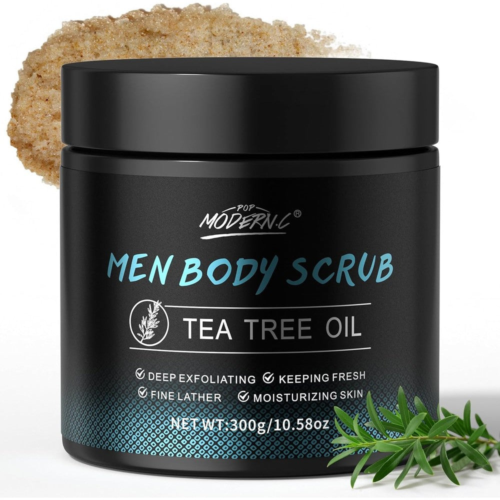 Men Body Scrub with Tea Tree Oil Exfoliating Body Scrub for Men Improve Odor Smooth Rough Skin Body Exfoliator Scrub for Back Chest Shoulders Butt Legs Mens Exfoliating Body Wash with 2% BHA 10% AHA