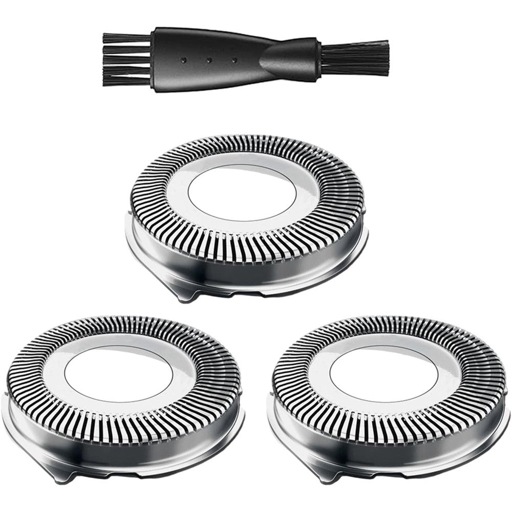 Uijino SH30 replacement heads front view showing the three circular rotary blades and premium silver finish.