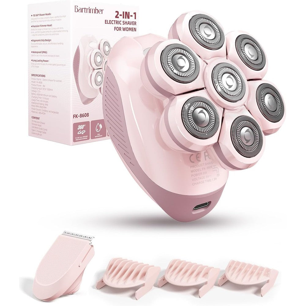 Bartrimber 7D electric razor for women front view showcasing the pink rotary shaving head.
