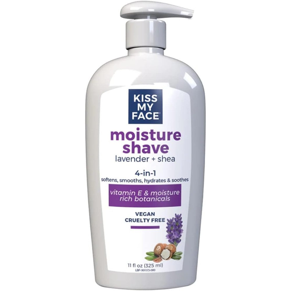 Kiss My Face Moisture Shave Lavender and Shea Butter eleven fluid ounce bottle front view