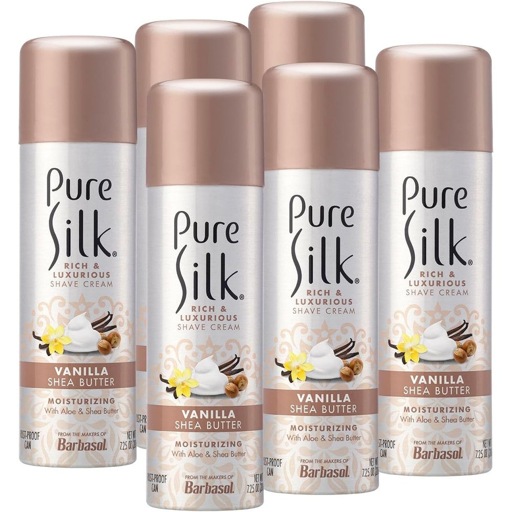 Pure Silk Vanilla Shea Butter Spa Therapy Shave Cream front view showing the 7.25 ounce can packaging.