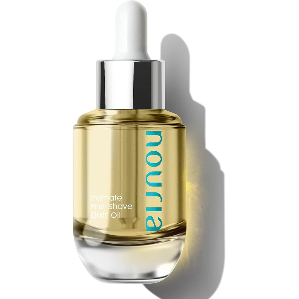 IntiMD Nouria Intimate PreShave Elixir Oil bottle front view for razor bump prevention
