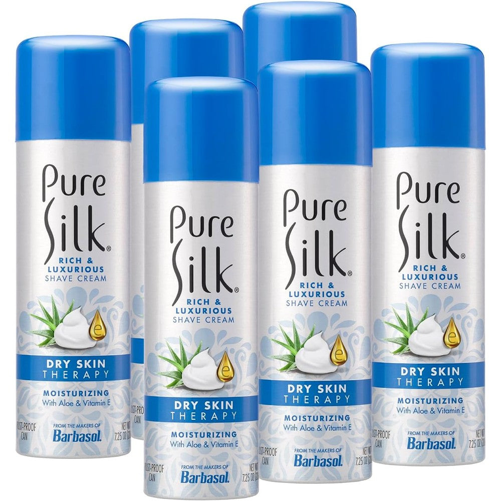 Pure Silk Dry Skin Treatment Spa Therapy Shave Cream front view showing the blue and white aluminum can package.