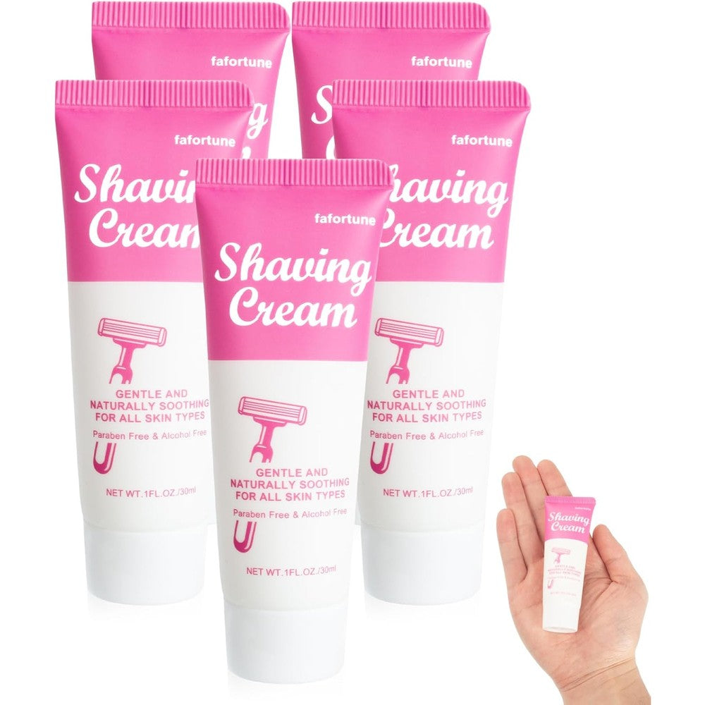 Eos Fafortune women's shaving cream pack of five showing the front design of the travel tubes.