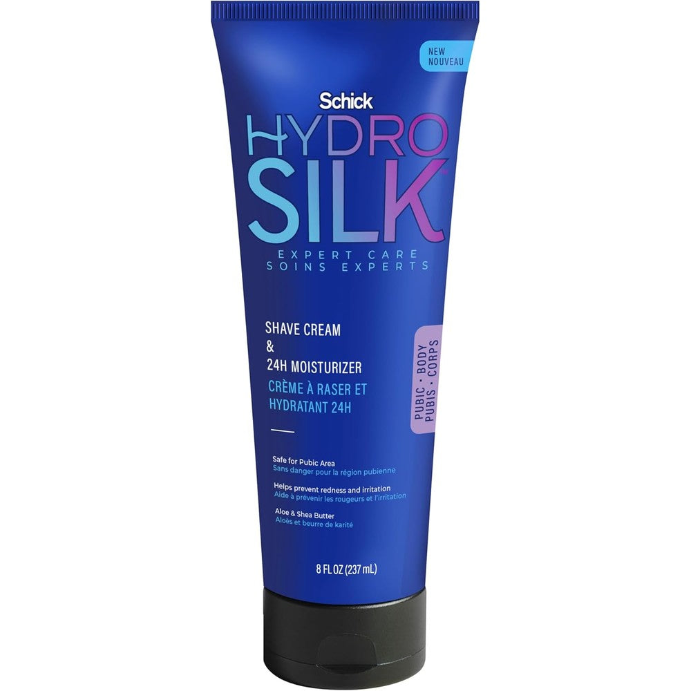 Schick Hydro Silk Shave Cream and 24-Hour Moisturizer front view bottle for sensitive skin pubic shaving.