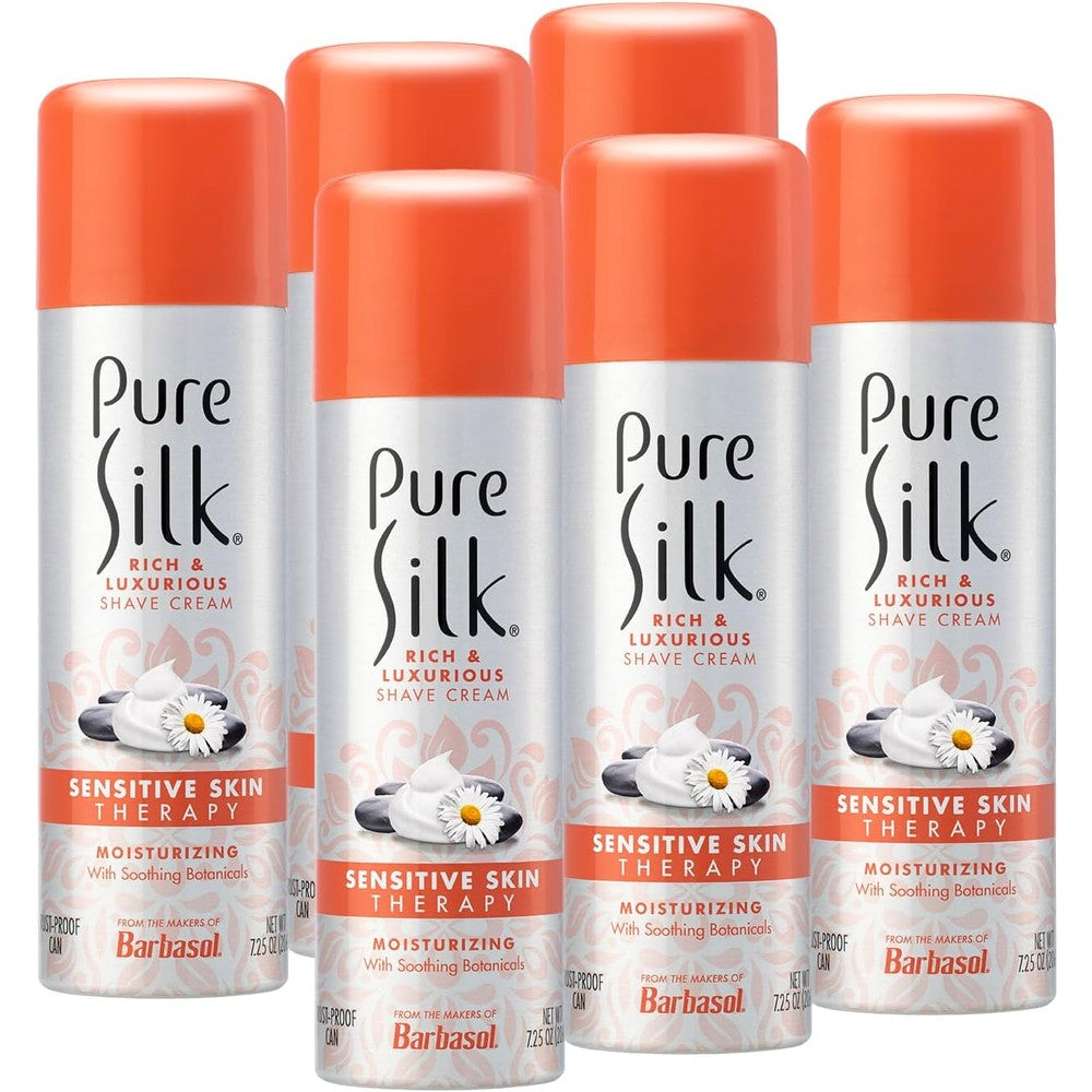 Pure Silk Sensitive Skin Spa Therapy Shaving Cream front view of the rust proof can showing aloe formula branding