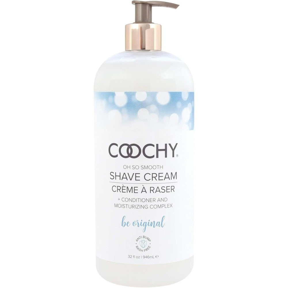 Coochy Intimate Shaving Cream Be Original thirty two ounce front view bottle showing moisturizing shave lotion labeling