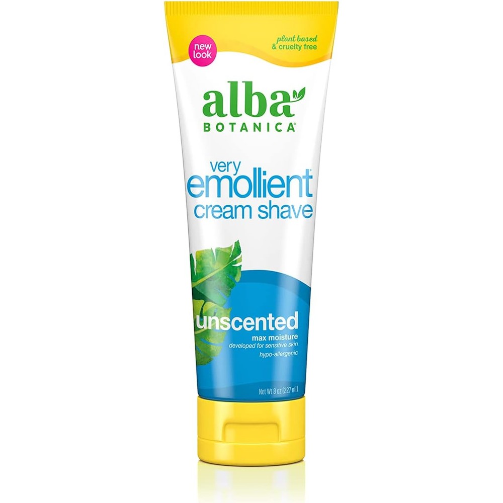 Alba Botanica Very Emollient Cream Shave Unscented eight ounce front view showing clean white packaging